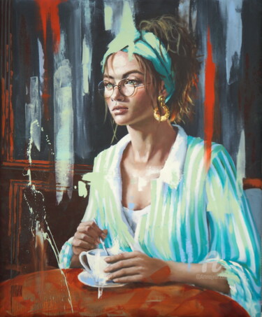 Peinture intitulée "Tea time" par Sylvie Julkowski-Egard, Œuvre d'art originale, Huile Monté sur Châssis en bois