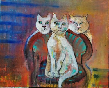 绘画 标题为“3 chats blancs” 由Sylvie Le Boulh, 原创艺术品, 丙烯 安装在木质担架架上