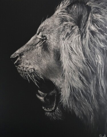 Painting titled "Quand le lion parle" by Sylvie Lescan, Original Artwork, Acrylic Mounted on Cardboard