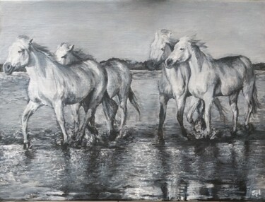 Peinture intitulée "En Camargue" par Sylvie Lescan, Œuvre d'art originale, Acrylique Monté sur Châssis en bois