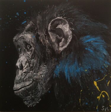 「Crazy chimpanzé」というタイトルの絵画 Sylvie Lescanによって, オリジナルのアートワーク, アクリル 段ボールにマウント