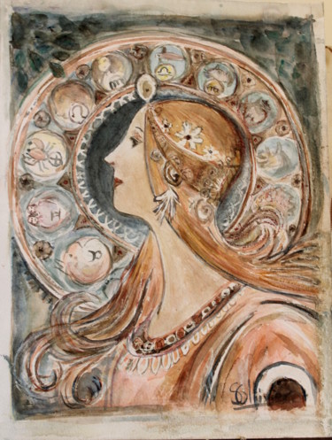 「hommage-a-mucha.」というタイトルの絵画 Sylvie Ollivierによって, オリジナルのアートワーク, 水彩画