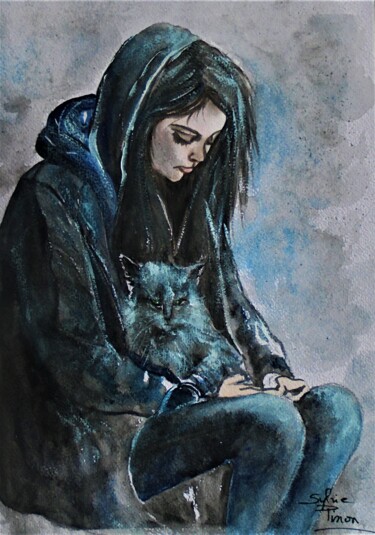 Peinture intitulée "jeune fille avec le…" par Sylvie Pinon, Œuvre d'art originale, Aquarelle