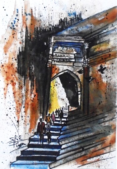 Painting titled "accès sacré" by Sylvie Pinon, Original Artwork, Watercolor