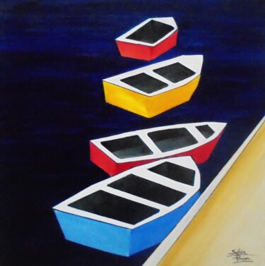 绘画 标题为“barques colorées 2” 由Sylvie Pinon, 原创艺术品, 丙烯 安装在木质担架架上