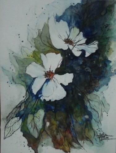 Painting titled "fleurs blanches" by Sylvie Pinon, Original Artwork, Watercolor