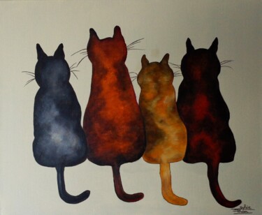 Schilderij getiteld "les 4 chats" door Sylvie Pinon, Origineel Kunstwerk, Acryl Gemonteerd op Frame voor houten brancard