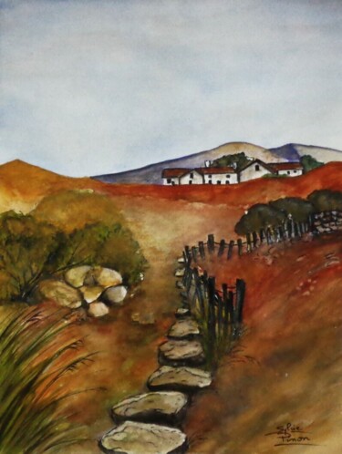 Pintura intitulada "le chemin de pierres" por Sylvie Pinon, Obras de arte originais, Aquarela