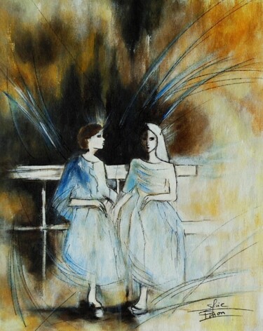 Ζωγραφική με τίτλο "2 anges sur le banc" από Sylvie Pinon, Αυθεντικά έργα τέχνης, Ακρυλικό Τοποθετήθηκε στο Χαρτόνι