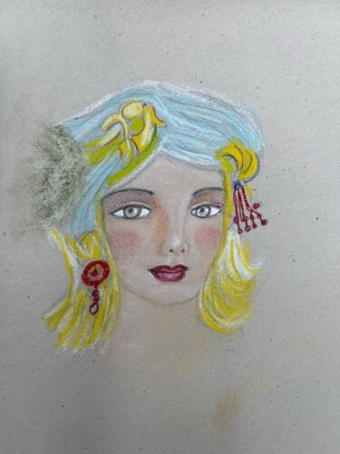 Tekening getiteld "LE TURBAN BLEU" door Sylvie Rivalta Galtier, Origineel Kunstwerk, Pastel