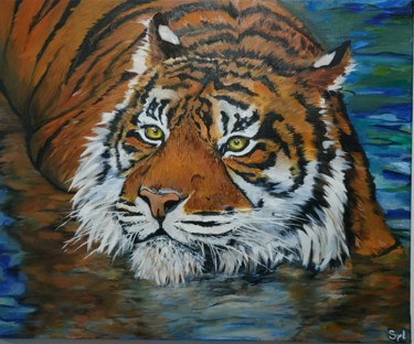 제목이 "Bain du tigre"인 미술작품 Sylvie Lescan로, 원작, 기름 나무 들것 프레임에 장착됨