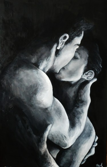 Pittura intitolato "Embrasse-moi" da Sylvie Lescan, Opera d'arte originale, Olio Montato su Telaio per barella in legno