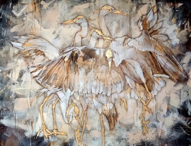 Pintura intitulada "Golden herons" por Sylwia Wenska, Obras de arte originais, Acrílico Montado em Armação em madeira