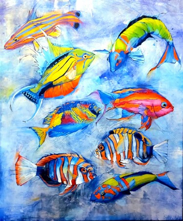 Pintura titulada "Fluo fish" por Sylwia Wenska, Obra de arte original, Acrílico Montado en Bastidor de camilla de madera