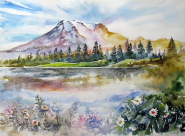 Malerei mit dem Titel "Romantic lake" von Zsolt Székelyhidi, Original-Kunstwerk, Aquarell