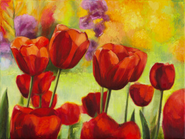 Painting titled "Garden with tulips" by Szilvia Banki, Original Artwork, Oil Mounted on Wood Stretcher frame
