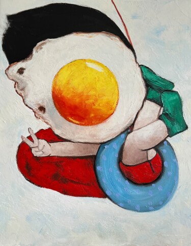 Schilderij getiteld "Egg girl on a swing" door Ta Byrne, Origineel Kunstwerk, Olie