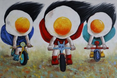Pintura intitulada "Egg girls racing th…" por Ta Byrne, Obras de arte originais, Óleo