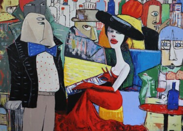 Painting titled "Lady in red playing…" by Ta Byrne, Original Artwork, Oil