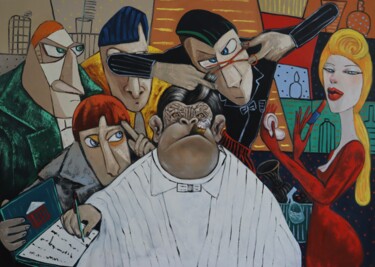 Schilderij getiteld "Boss having a hair…" door Ta Byrne, Origineel Kunstwerk, Olie