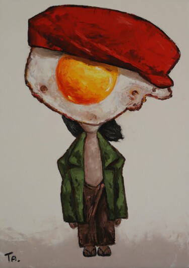 Malerei mit dem Titel "Egg boy in red cap" von Ta Byrne, Original-Kunstwerk, Öl