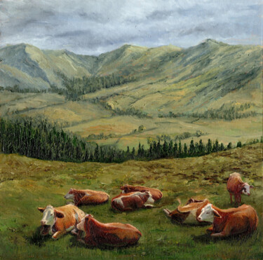 Painting titled "cows resting in the…" by Tabimory, Original Artwork, Oil