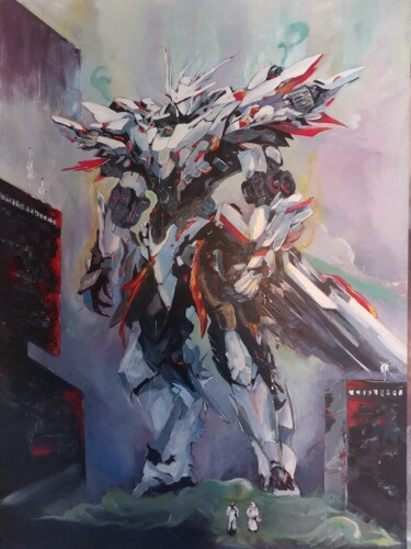 Schilderij getiteld "Skyscraper Gundam" door Taco Van Rheenen, Origineel Kunstwerk, Acryl