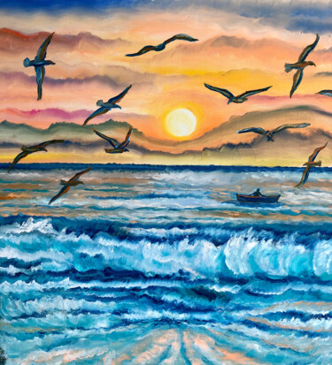 Painting titled "Sonne,Meer,Möwen" by Tamara Michel, Original Artwork, Oil