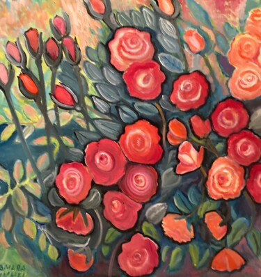 Painting titled "Rote Rosen" by Tamara Michel, Original Artwork, Oil Mounted on Wood Stretcher frame