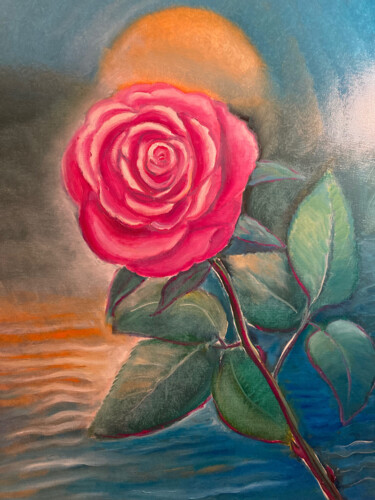 Painting titled "Rose bei Vollmond" by Tamara Michel, Original Artwork, Oil Mounted on Wood Stretcher frame