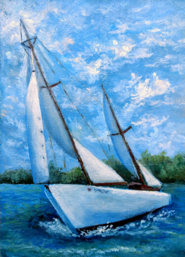 Pittura intitolato "White sailboat" da Tamara Rozinskay, Opera d'arte originale, Olio