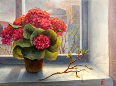 Painting titled "Spring greeting" by Tamara Rozinskay, Original Artwork, Oil Mounted on Wood Stretcher frame