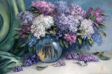 Painting titled "Dreamy lilac" by Tamara Rozinskay, Original Artwork, Oil Mounted on Wood Stretcher frame