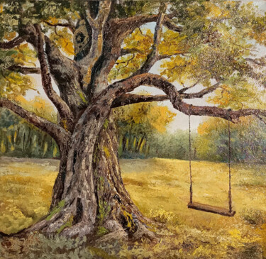 Painting titled "Dreamy oak Tree Oil…" by Tamara Rozinskay, Original Artwork, Oil Mounted on Wood Stretcher frame