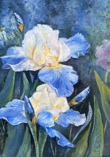 Painting titled "Blue irises Floral…" by Tamara Rozinskay, Original Artwork, Oil Mounted on Cardboard