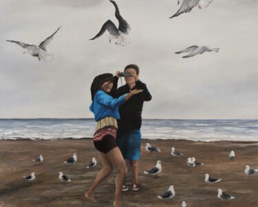 Schilderij getiteld "Feeding the Gulls" door Tammy Gauthreaux, Origineel Kunstwerk, Olie Gemonteerd op Frame voor houten bra…