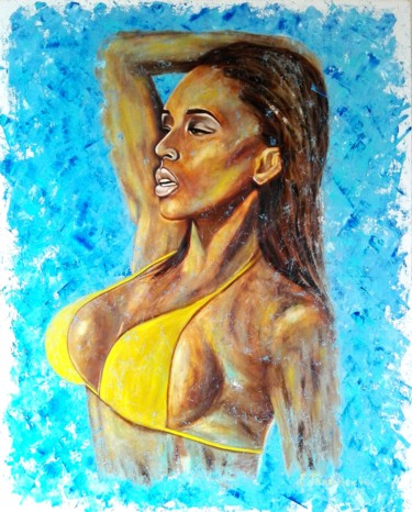 Painting titled "Summer woman. Oil p…" by Elena Tananaeva, Original Artwork, Oil Mounted on Wood Stretcher frame