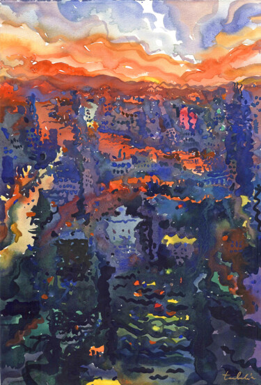 Malerei mit dem Titel "View to night Bangk…" von Tanbelia, Original-Kunstwerk, Aquarell