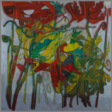 Painting titled "Végétal flamboyant" by Thu Huong Ta Thi (TaNguyen), Original Artwork, Acrylic Mounted on Aluminium