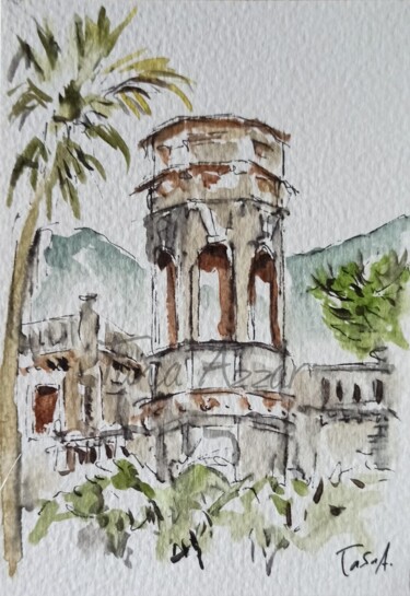 Painting titled "Schizzo Villa De Le…" by Tania Azzar, Original Artwork, Watercolor Mounted on Other rigid panel