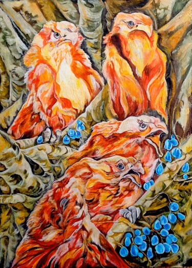 Peinture intitulée "Жар-птицы и синие я…" par Tania Timakova, Œuvre d'art originale, Acrylique