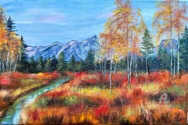 Schilderij getiteld "Autumn happy days -…" door Tanja Frost, Origineel Kunstwerk, Olie Gemonteerd op Frame voor houten branc…