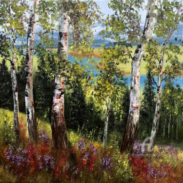 Painting titled "Brich meadow forest…" by Tanja Frost, Original Artwork, Oil Mounted on Wood Stretcher frame