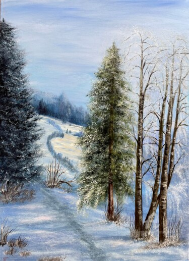 Painting titled "Snowy winter" by Tanja Frost, Original Artwork, Oil Mounted on Wood Stretcher frame