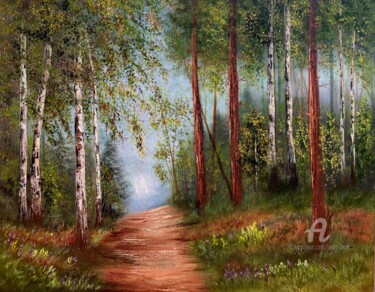 Painting titled "The Friendly Birch…" by Tanja Frost, Original Artwork, Oil Mounted on Wood Stretcher frame