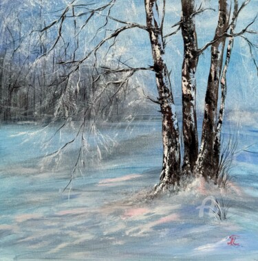 Schilderij getiteld "Birches in the Snow" door Tanja Frost, Origineel Kunstwerk, Acryl Gemonteerd op Frame voor houten branc…