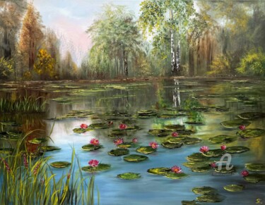 Schilderij getiteld "Pond in Greenery" door Tanja Frost, Origineel Kunstwerk, Olie Gemonteerd op Frame voor houten brancard