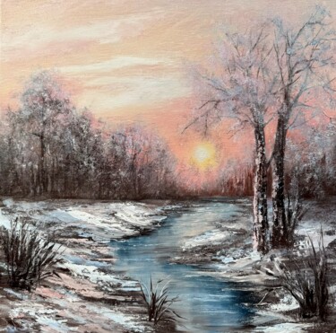 Painting titled "Winter Peach Magic" by Tanja Frost, Original Artwork, Oil Mounted on Wood Stretcher frame