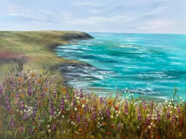 Painting titled "Sea and flowers" by Tanja Frost, Original Artwork, Oil Mounted on Wood Stretcher frame