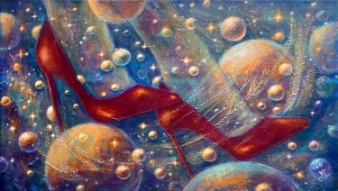 Painting titled "Shoes on the Galaxy" by Tanja Olsson, Original Artwork, Acrylic Mounted on Wood Stretcher frame